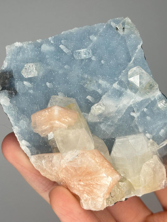 Angelic Blue Chalcedony Pink Stilbite & Apophyllite Specimen | Natural Sparkling Zeolite Crystal Cluster | Pastel Mineral Decor Gift