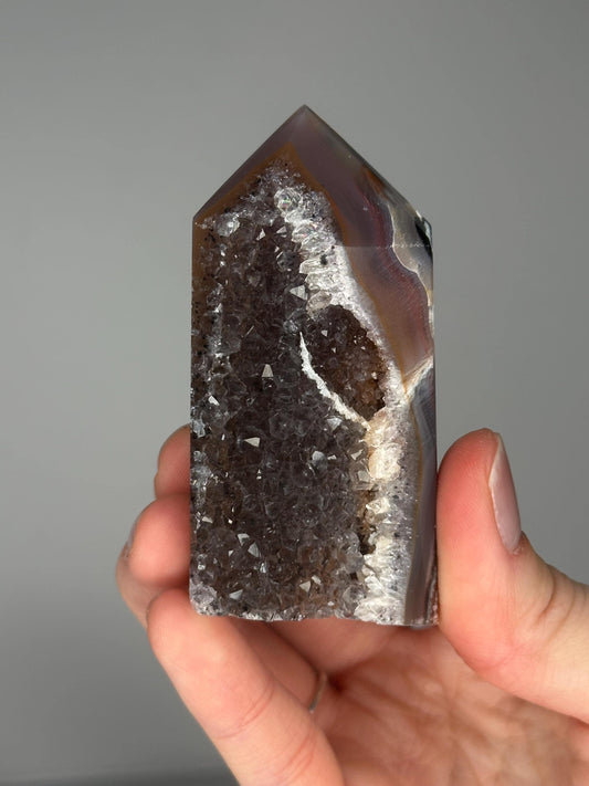 Druzy Agate Tower | Natural Agate Crystal Point with Sparkling Druzy | Decorative Mineral Display Piece for Home Decor Accent