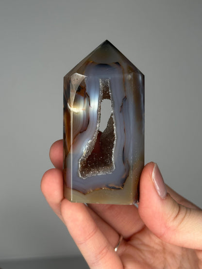 Druzy Agate Tower | Natural Agate Crystal Point with Sparkling Druzy | Decorative Mineral Display Piece for Home Decor Accent