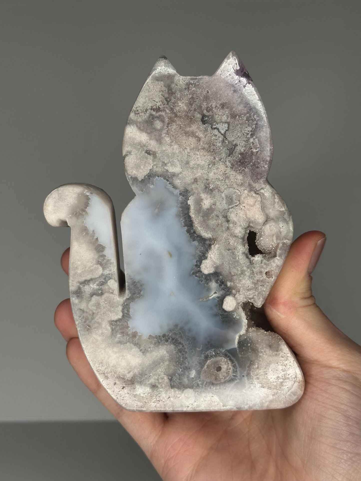 Blue Pink Amethyst Druzy Cat Silhouette Carving | Natural Crystal Cat Sculpture | Decorative Mineral Display Piece for Home Decor Accent