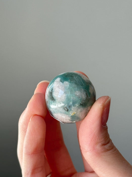 Green Flower Agate Sphere | Natural Floral Agate Crystal Ball | Soft Green Blossom Gemstone Decor Gift for Collectors