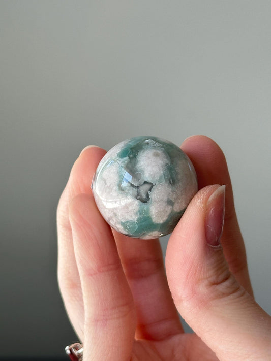 Green Flower Agate Sphere | Natural Floral Agate Crystal Ball | Soft Green Blossom Gemstone Decor Gift for Collectors