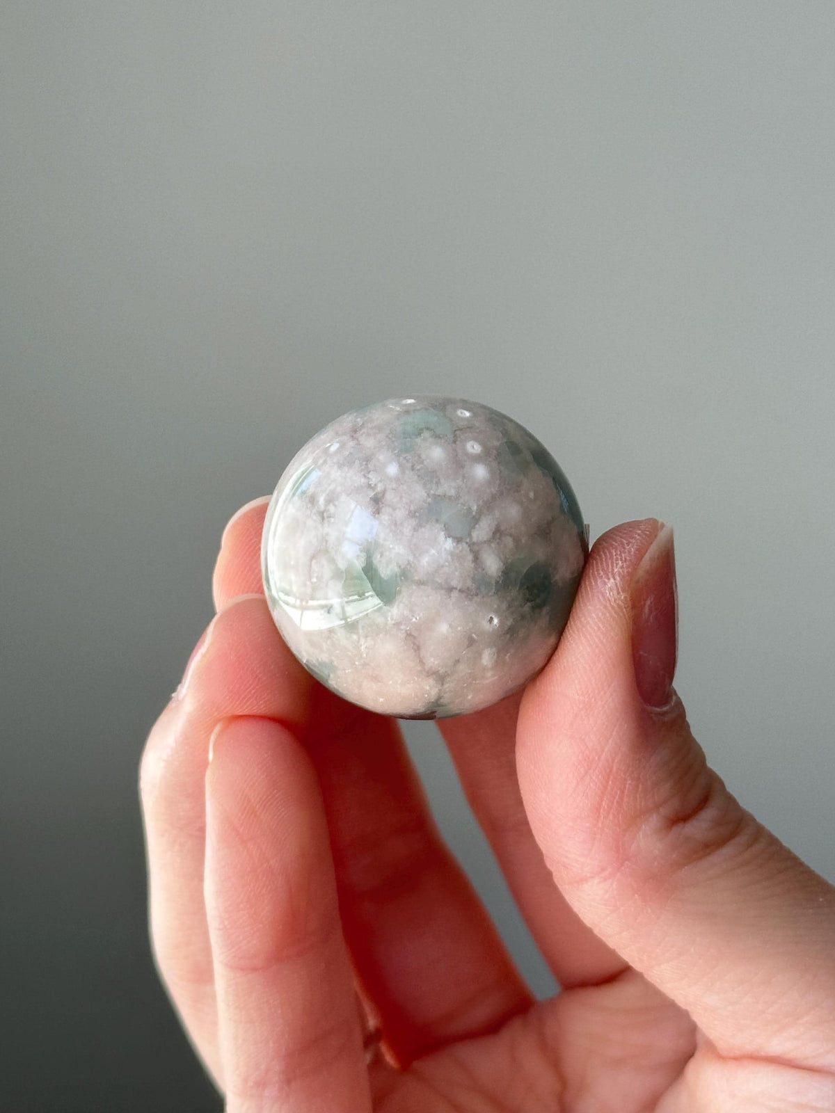 Mini Green Flower Agate Sphere | Natural Floral Agate Crystal Ball | Soft Green Blossom Gemstone Decor Gift for Collectors
