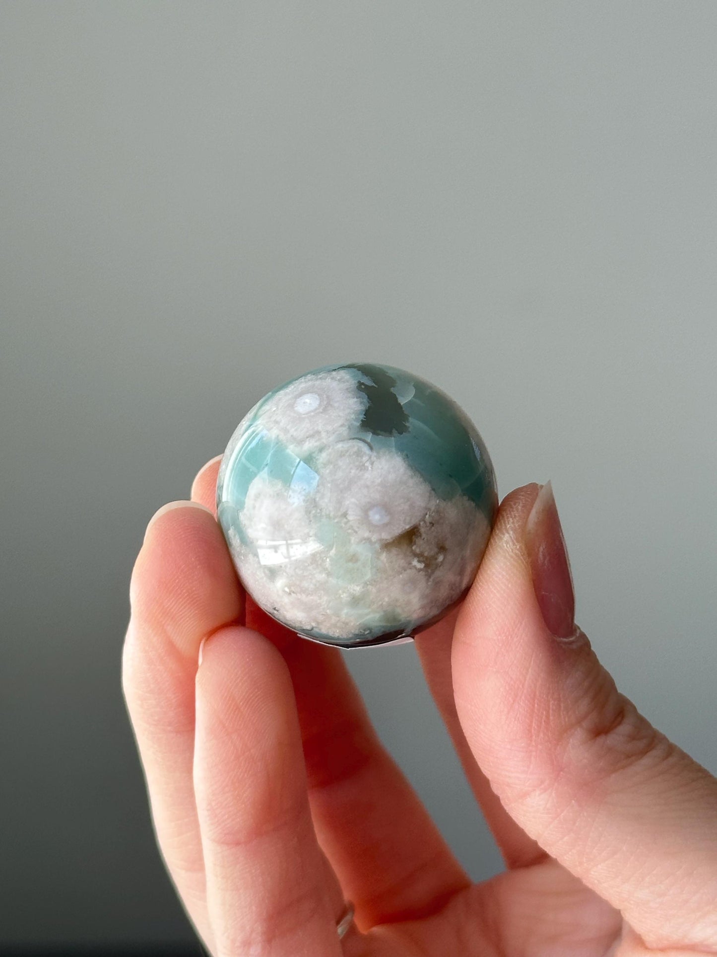 Green Flower Agate Sphere | Natural Floral Agate Crystal Ball | Soft Green Blossom Gemstone Decor Gift for Collectors