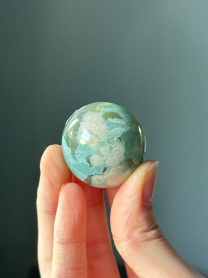 Green Flower Agate Sphere | Natural Floral Agate Crystal Ball | Soft Green Blossom Gemstone Decor Gift for Collectors