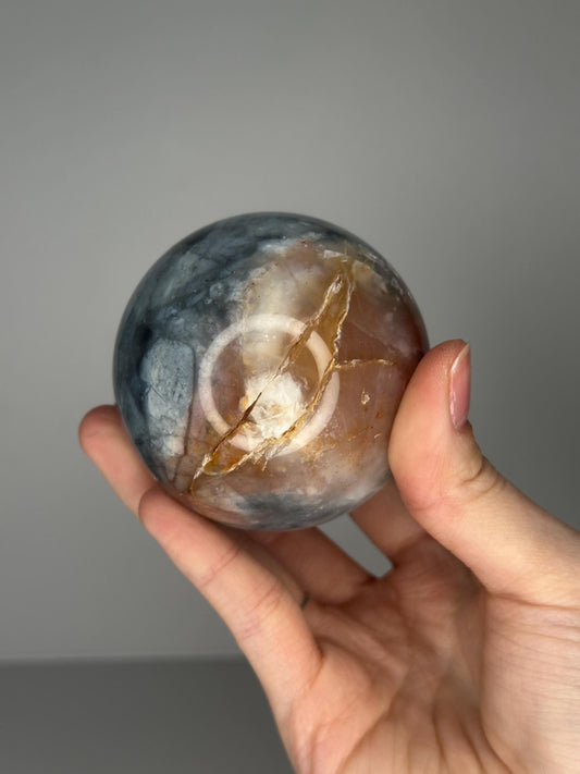Pink & Blue Petrified Wood Sphere | Natural Fossil Wood Crystal Ball | Polished Earthy Mineral Display Stone Collectors and Decor