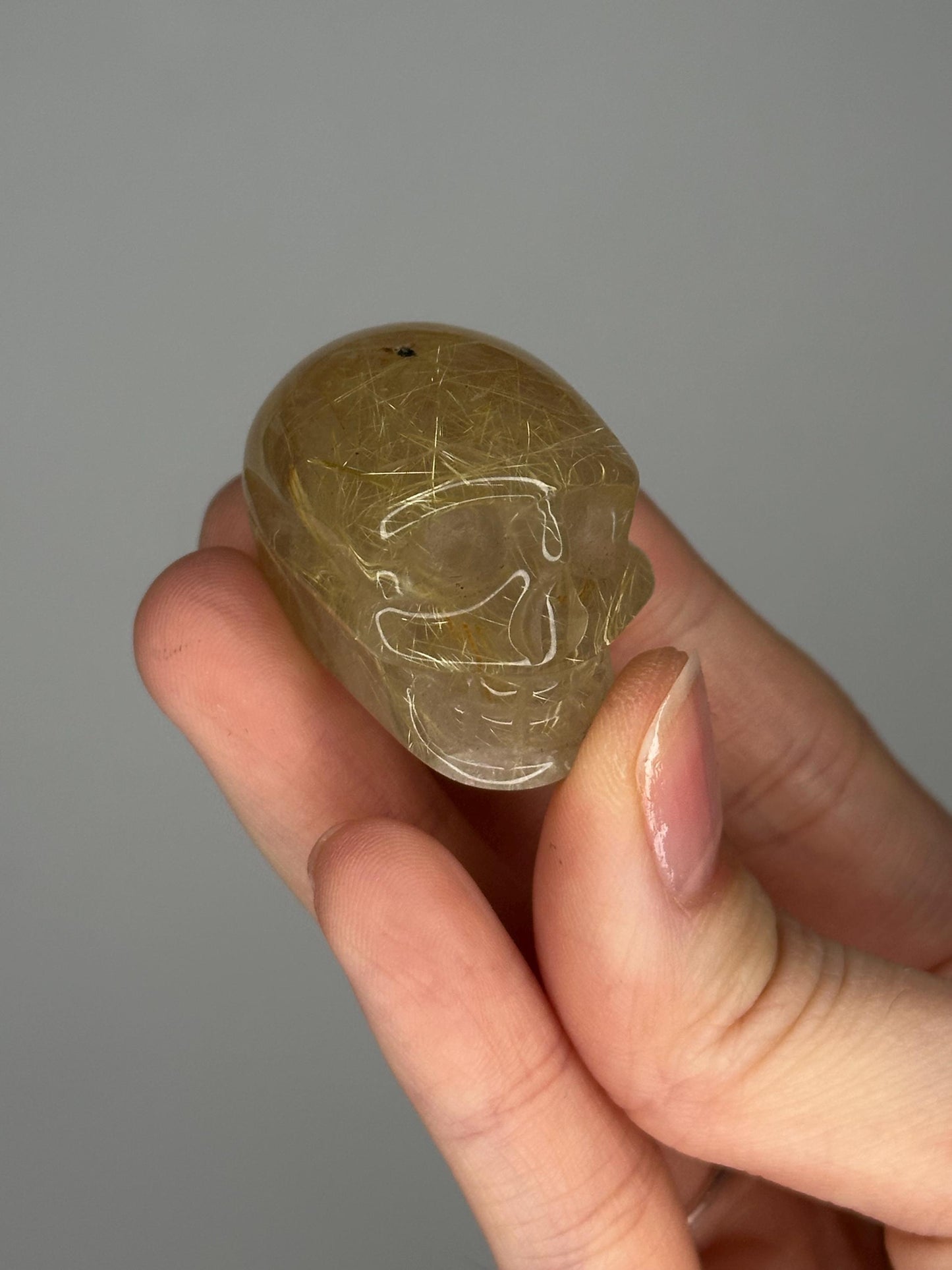 Golden Rutile Mini Skull | Natural Rutilated Quartz Skull Carving | Small Crystal Figurine for Collectors & Display Decor