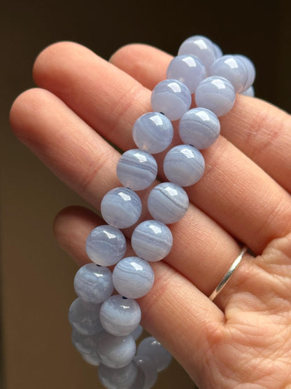 Blue Lace Agate Bracelet 9.6mm | Natural Blue Agate Beaded Bracelet | Polished Gemstone Jewelry for Everyday Wear & Collectors