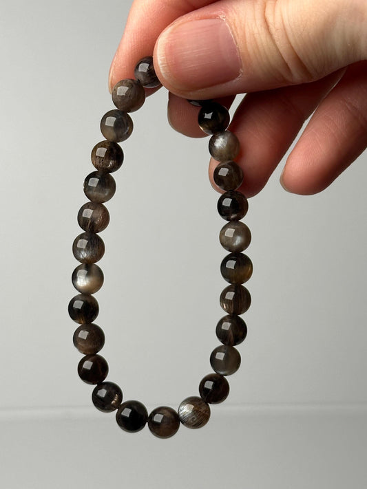 Black Sunstone Moonstone Bracelet 7.7mm | Natural Black Feldspar Beaded Bracelet | Flashy Gemstone Jewelry for Collectors & Everyday Wear