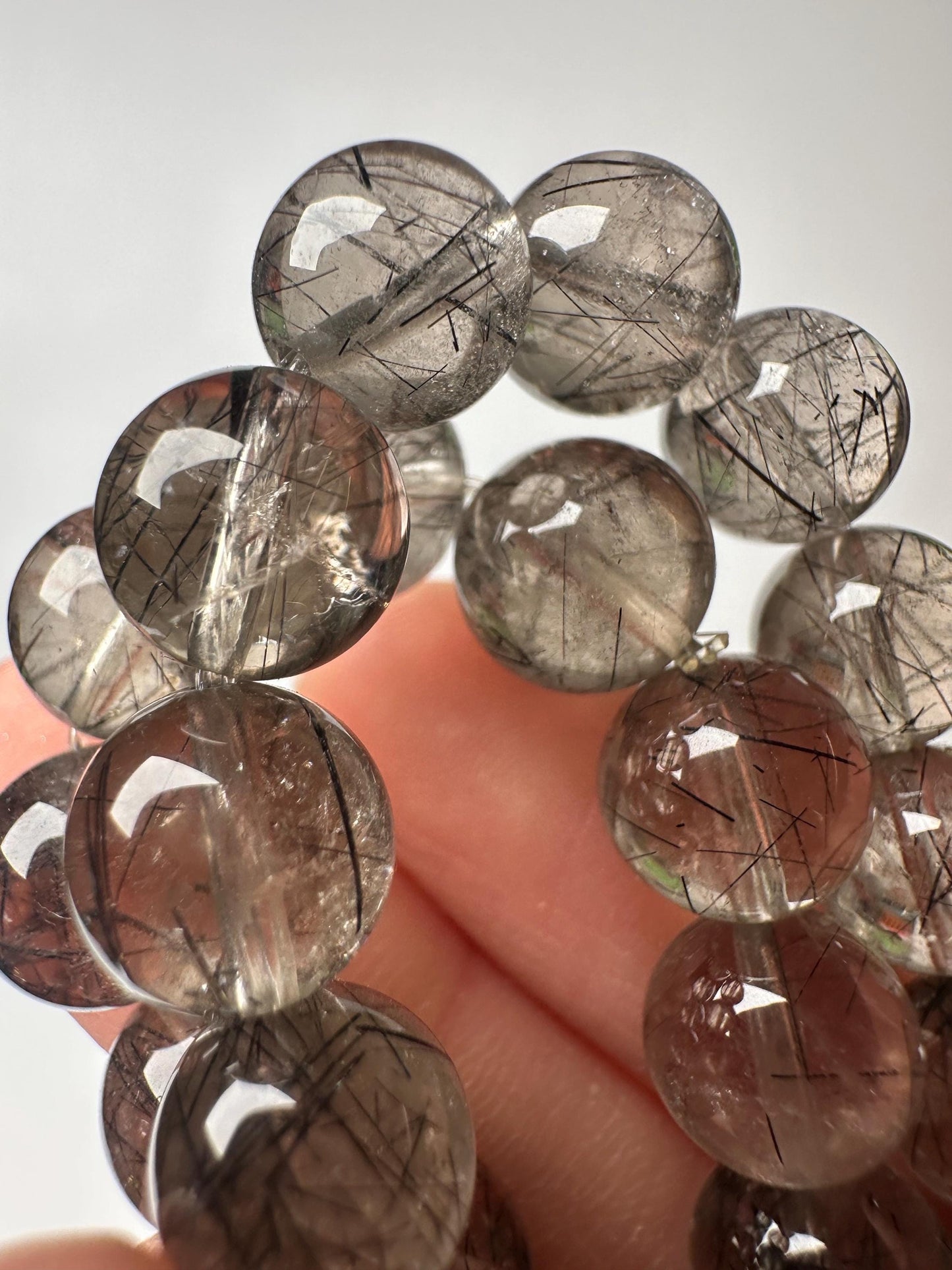 Rutile Smoky Quartz Bead Bracelet 9mm | Natural Black Rutilated Quartz Jewelry | Grounding Crystal Bracelet Gift for Collectors