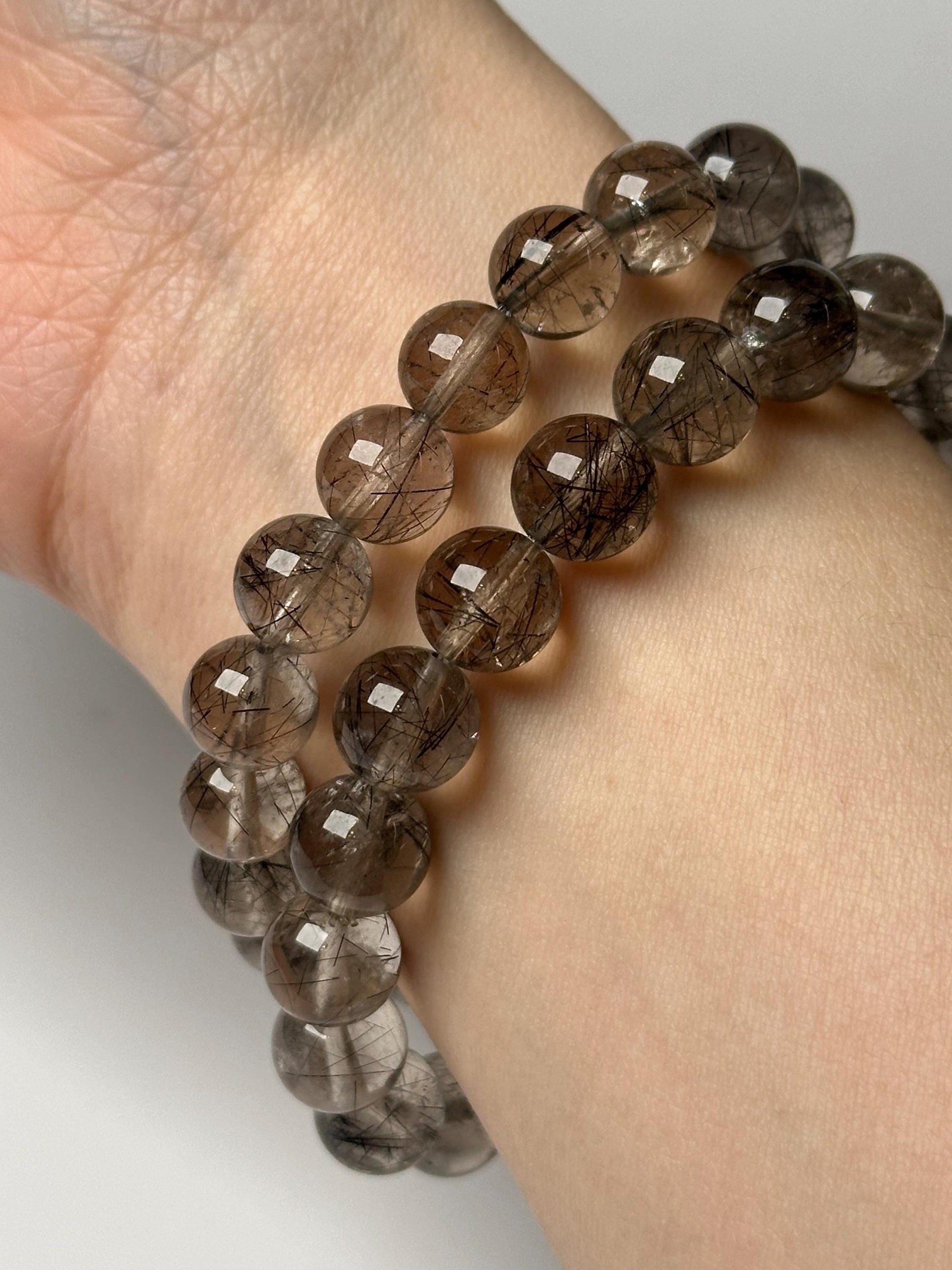 Rutile Smoky Quartz Bead Bracelet 9mm | Natural Black Rutilated Quartz Jewelry | Grounding Crystal Bracelet Gift for Collectors