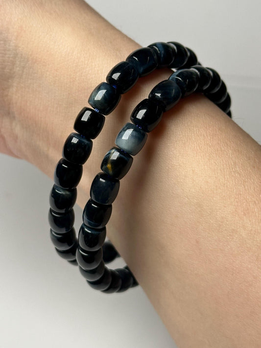 Blue Tiger’s Eye Barrel Bead Bracelet 6.5mm | Natural Hawk’s Eye Crystal Jewelry | Grounding Protection Bracelet Gift for Collectors