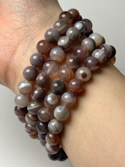 Botswana Agate Bead Bracelet 8mm | Natural Banded Agate Crystal Jewelry | Grounding Protection Bracelet Gift for Collectors