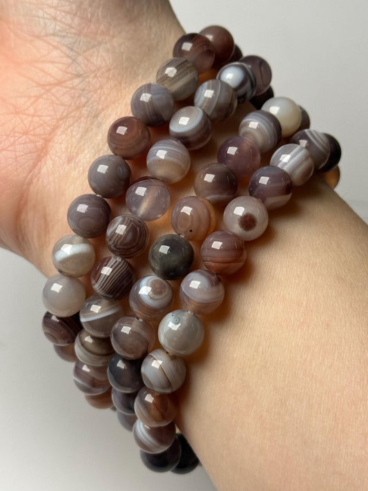 Botswana Agate Bead Bracelet 8mm | Natural Banded Agate Crystal Jewelry | Grounding Protection Bracelet Gift for Collectors