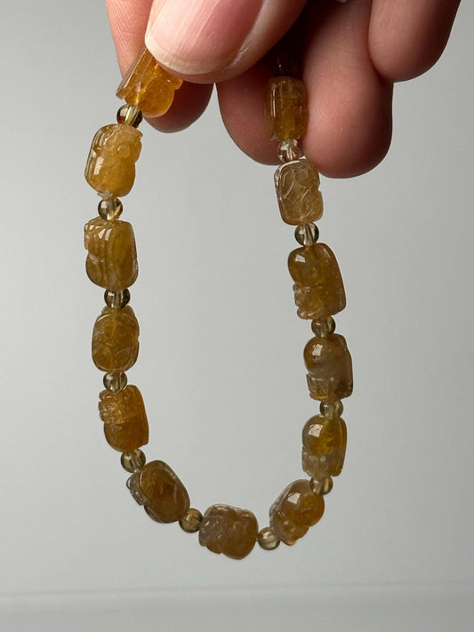 Yellow Tourmaline Pixiu Bracelet | Natural Crystal Bead Jewelry | Wealth Luck Protection Bracelet Gift for Collectors