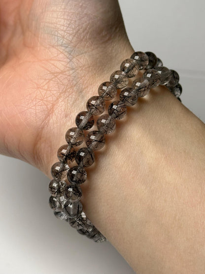 Black Tourmaline in Quartz Bead Bracelet 6.5mm | Natural Tourmalinated Quartz Jewelry | Protection Grounding Crystal Bracelet Gift