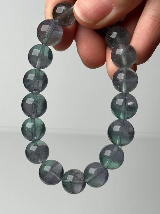 Pyrite in Fluorite Bead Bracelet 11.4mm | Natural Purple Green Fluorite Jewelry | Sparkly Crystal Bracelet Gift for Collectors