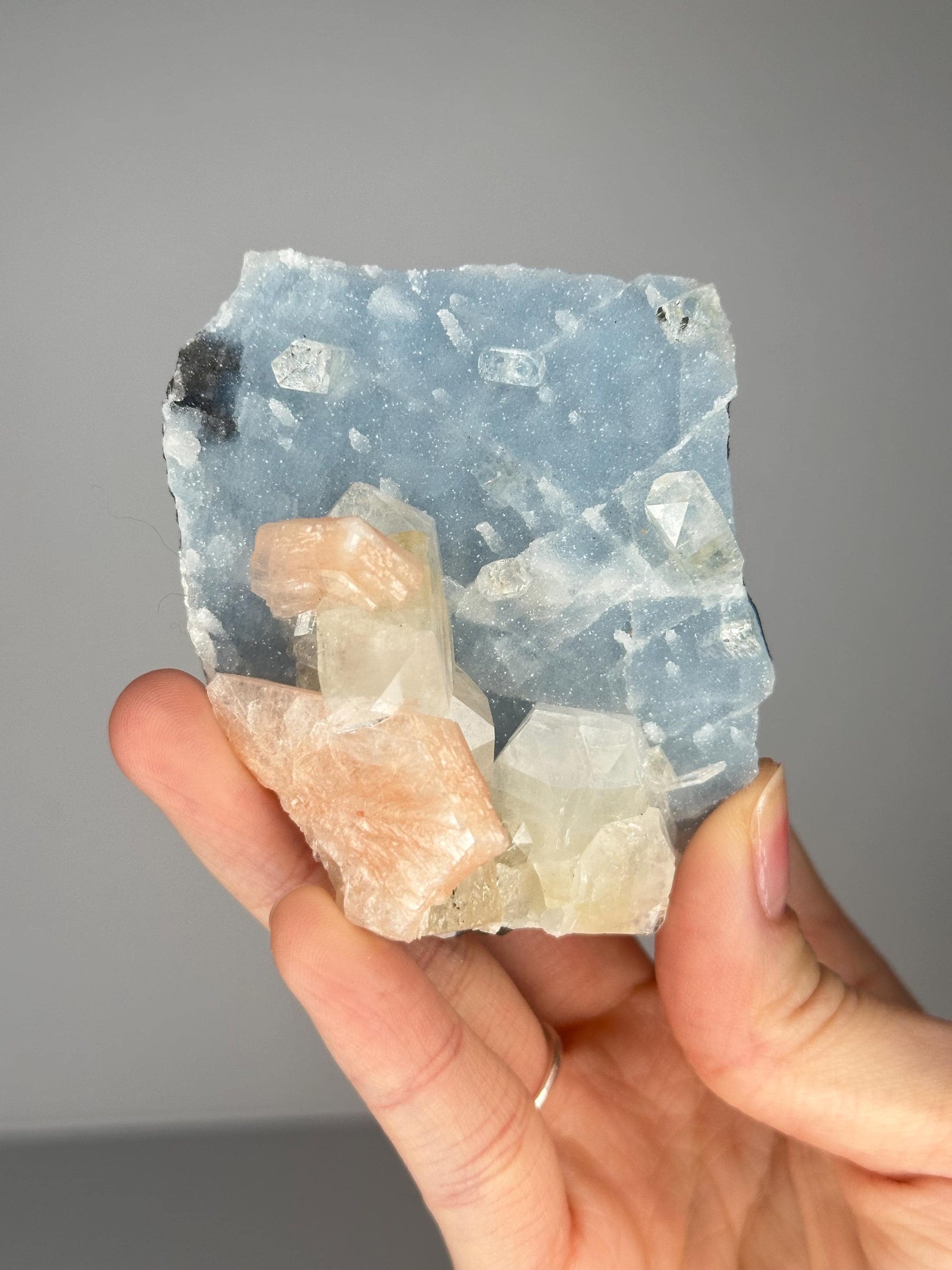 Angelic Blue Chalcedony Pink Stilbite & Apophyllite Specimen | Natural Sparkling Zeolite Crystal Cluster | Pastel Mineral Decor Gift