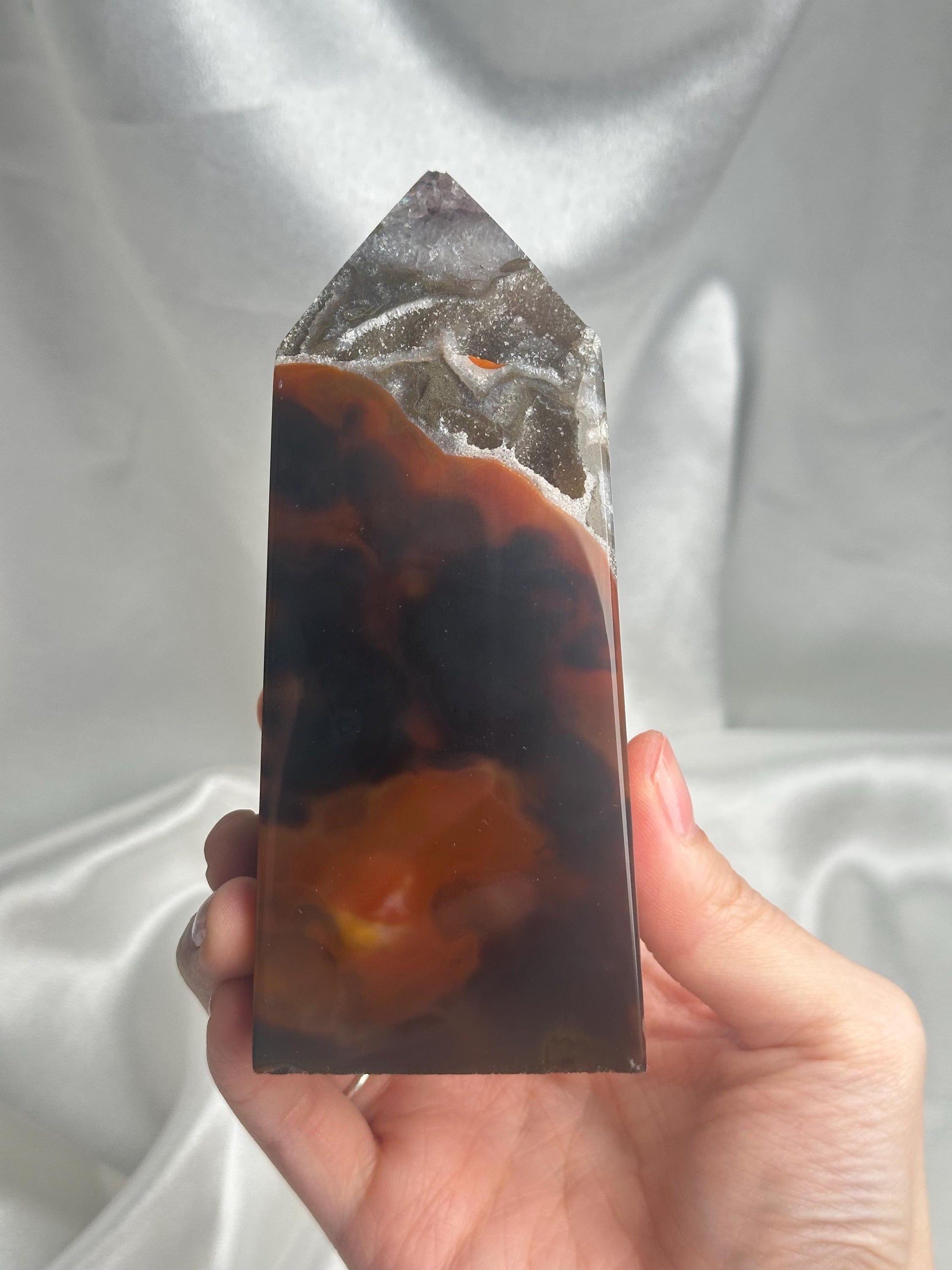 Agate Amethyst Tower with Blue Druzy & Dogtooth Calcite | Natural Crystal Point | Unique Purple Blue Mineral Decor Gift for Collectors