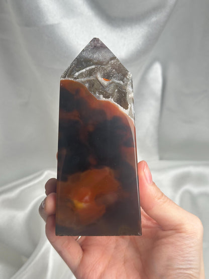 Agate Amethyst Tower with Blue Druzy & Dogtooth Calcite | Natural Crystal Point | Unique Purple Blue Mineral Decor Gift for Collectors