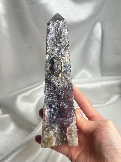 Agate Amethyst Tower with Blue Druzy & Dogtooth Calcite | Natural Crystal Point | Unique Purple Blue Mineral Decor Gift for Collectors