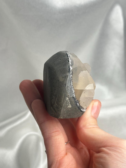 Black Amethyst Cut Base with Calcite Formations | Natural Dark Druzy Quartz Cluster | Unique Crystal Decor Gift for Collectors