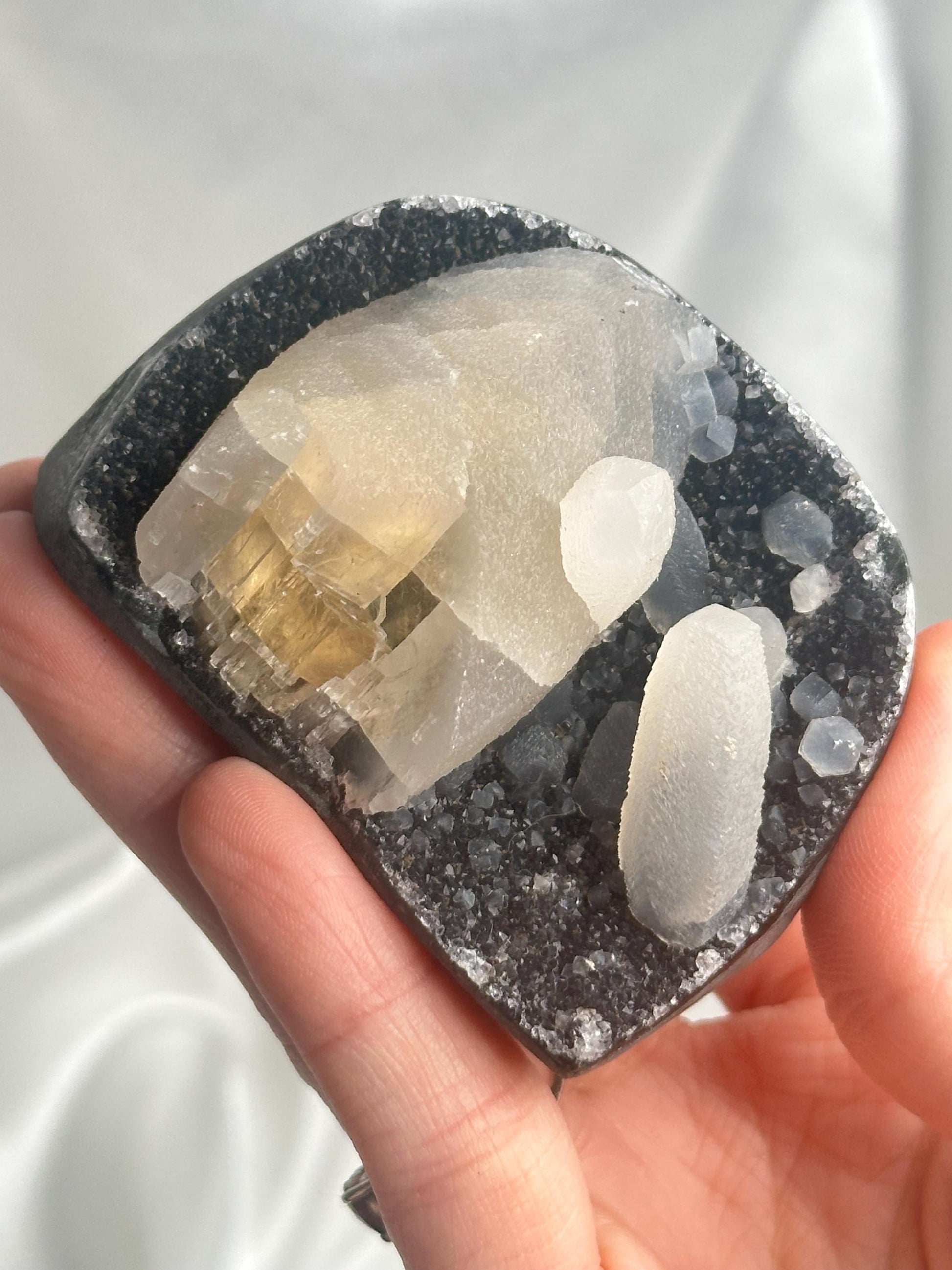 Black Amethyst Cut Base with Calcite Formations | Natural Dark Druzy Quartz Cluster | Unique Crystal Decor Gift for Collectors