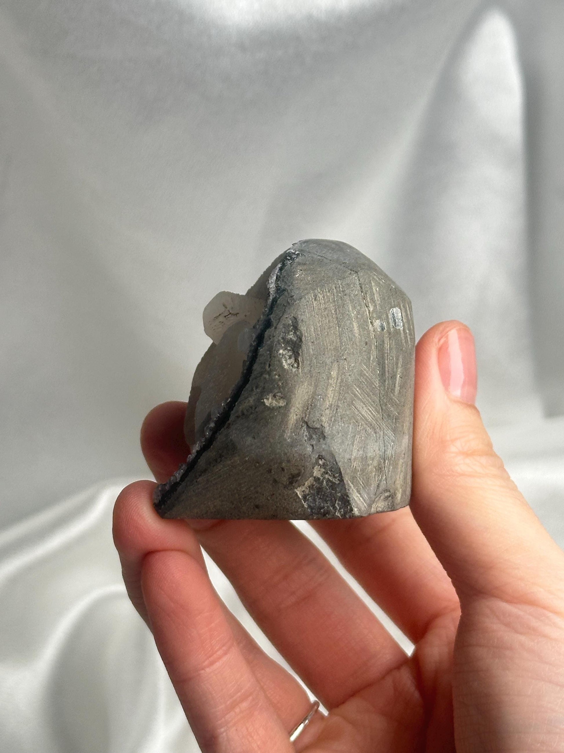 Black Amethyst Cut Base with Calcite Formations | Natural Dark Druzy Quartz Cluster | Unique Crystal Decor Gift for Collectors