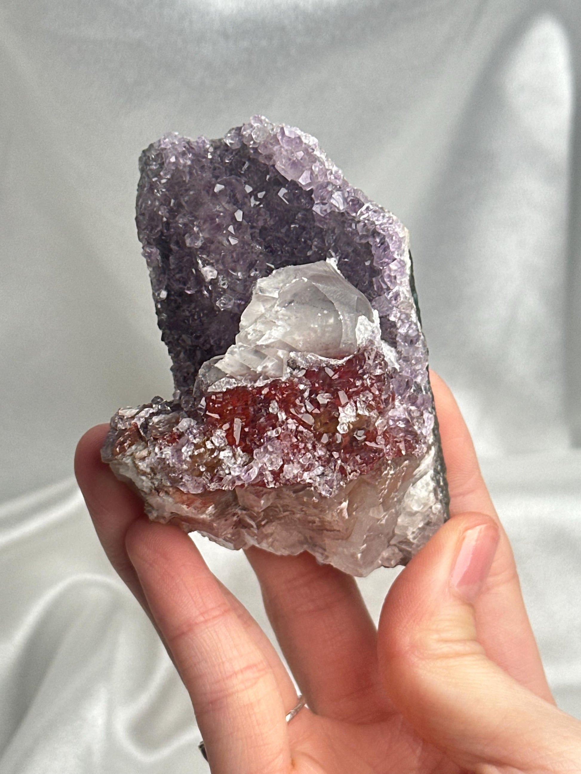 Amethyst with Red Druzy & Calcite | Natural Purple Quartz Crystal Specimen | Sparkling Mineral Decor Gift for Collectors and Display
