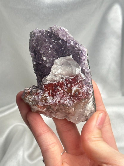 Amethyst with Red Druzy & Calcite | Natural Purple Quartz Crystal Specimen | Sparkling Mineral Decor Gift for Collectors and Display