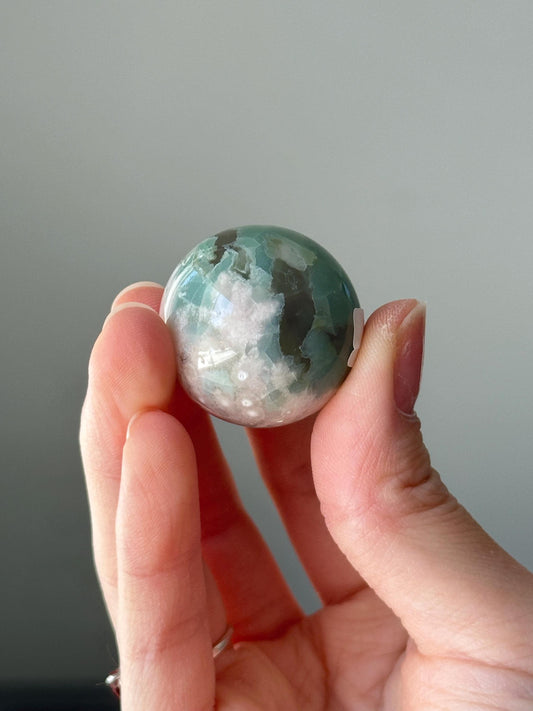 Green Flower Agate Sphere | Natural Floral Agate Crystal Ball | Soft Green Blossom Gemstone Decor Gift for Collectors