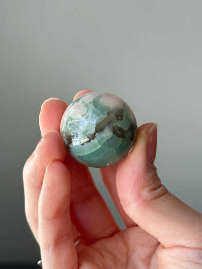 Green Flower Agate Sphere | Natural Floral Agate Crystal Ball | Soft Green Blossom Gemstone Decor Gift for Collectors