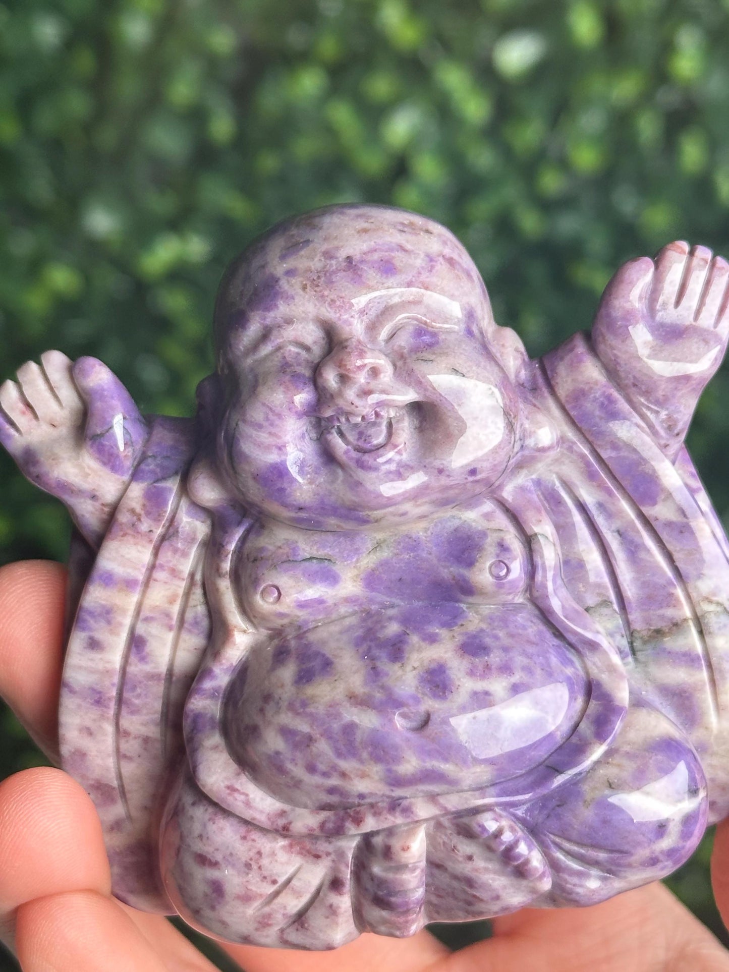 Turkish Purple Jade Laughing Buddha Carving | Natural Lavender Jade Crystal Statue | Happiness Abundance Decor Gift for Collectors