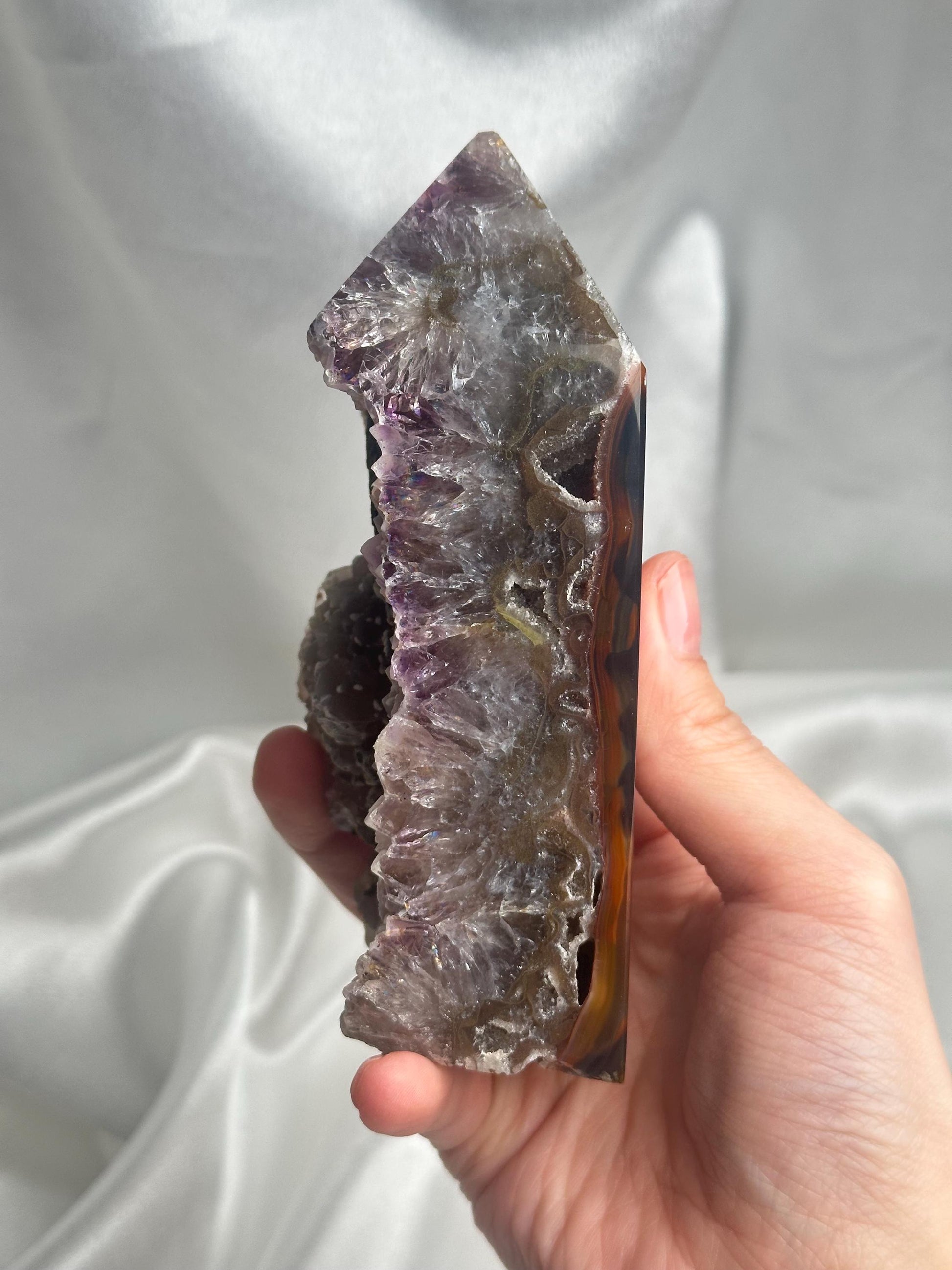 Agate Amethyst Tower with Blue Druzy & Dogtooth Calcite | Natural Crystal Point | Unique Purple Blue Mineral Decor Gift for Collectors