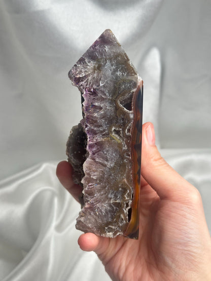 Agate Amethyst Tower with Blue Druzy & Dogtooth Calcite | Natural Crystal Point | Unique Purple Blue Mineral Decor Gift for Collectors