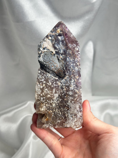 Agate Amethyst Tower with Blue Druzy & Dogtooth Calcite | Natural Crystal Point | Unique Purple Blue Mineral Decor Gift for Collectors