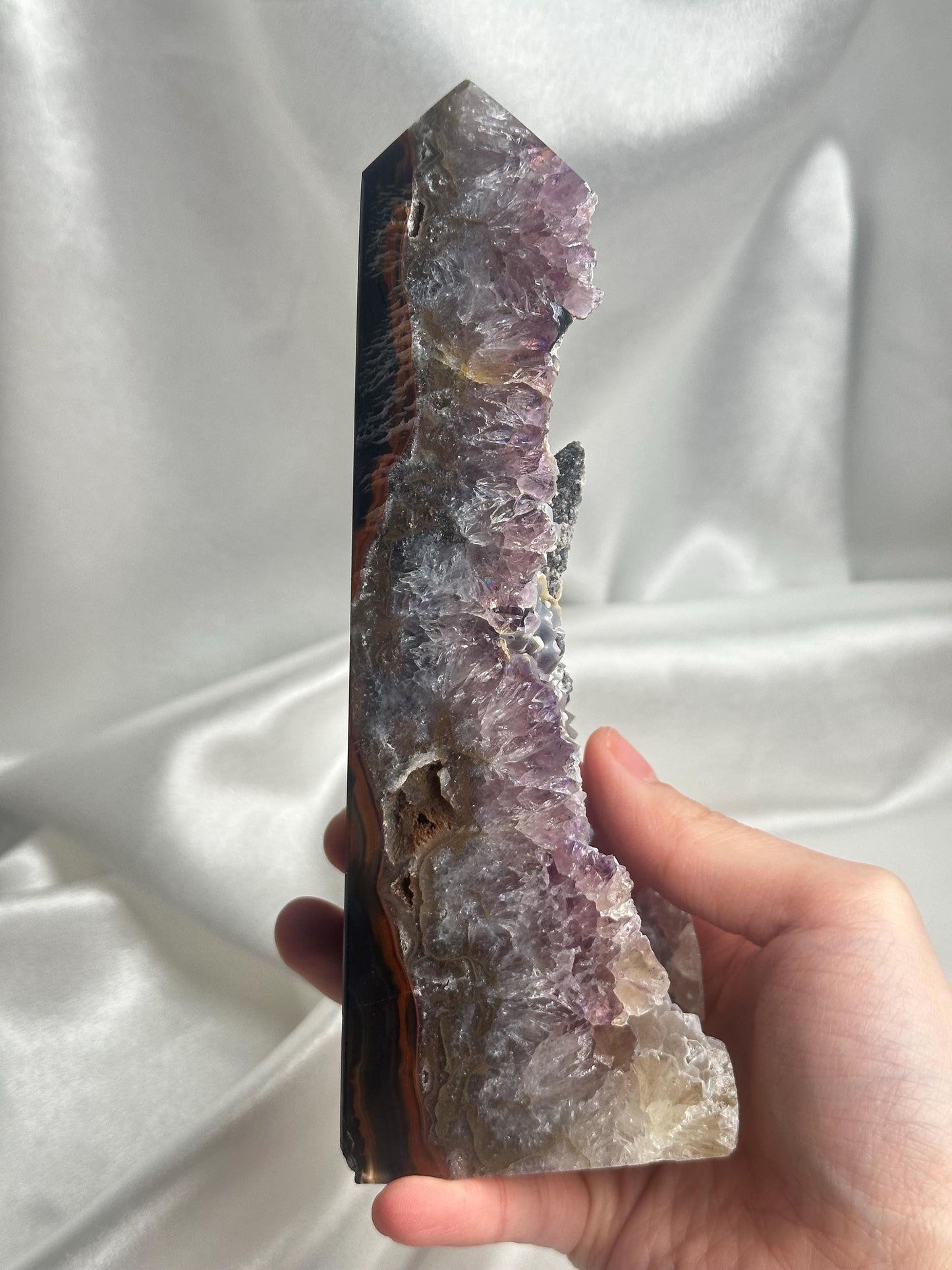 Agate Amethyst Tower with Blue Druzy & Dogtooth Calcite | Natural Crystal Point | Unique Purple Blue Mineral Decor Gift for Collectors