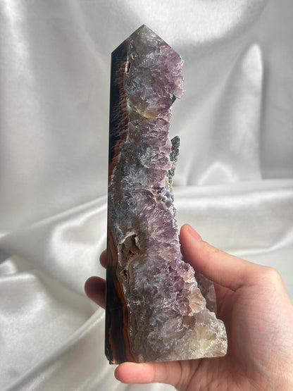 Agate Amethyst Tower with Blue Druzy & Dogtooth Calcite | Natural Crystal Point | Unique Purple Blue Mineral Decor Gift for Collectors