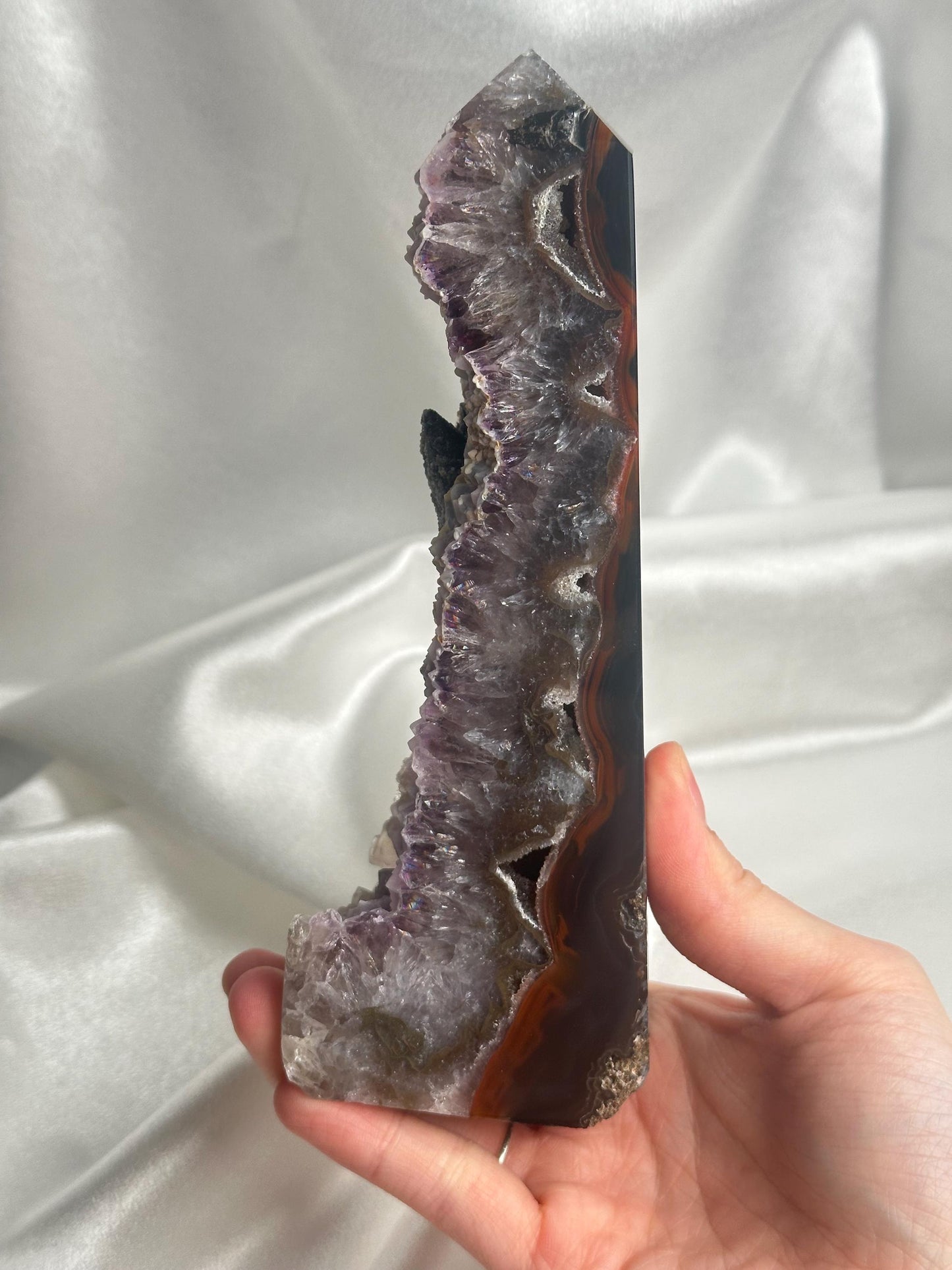 Agate Amethyst Tower with Blue Druzy & Dogtooth Calcite | Natural Crystal Point | Unique Purple Blue Mineral Decor Gift for Collectors