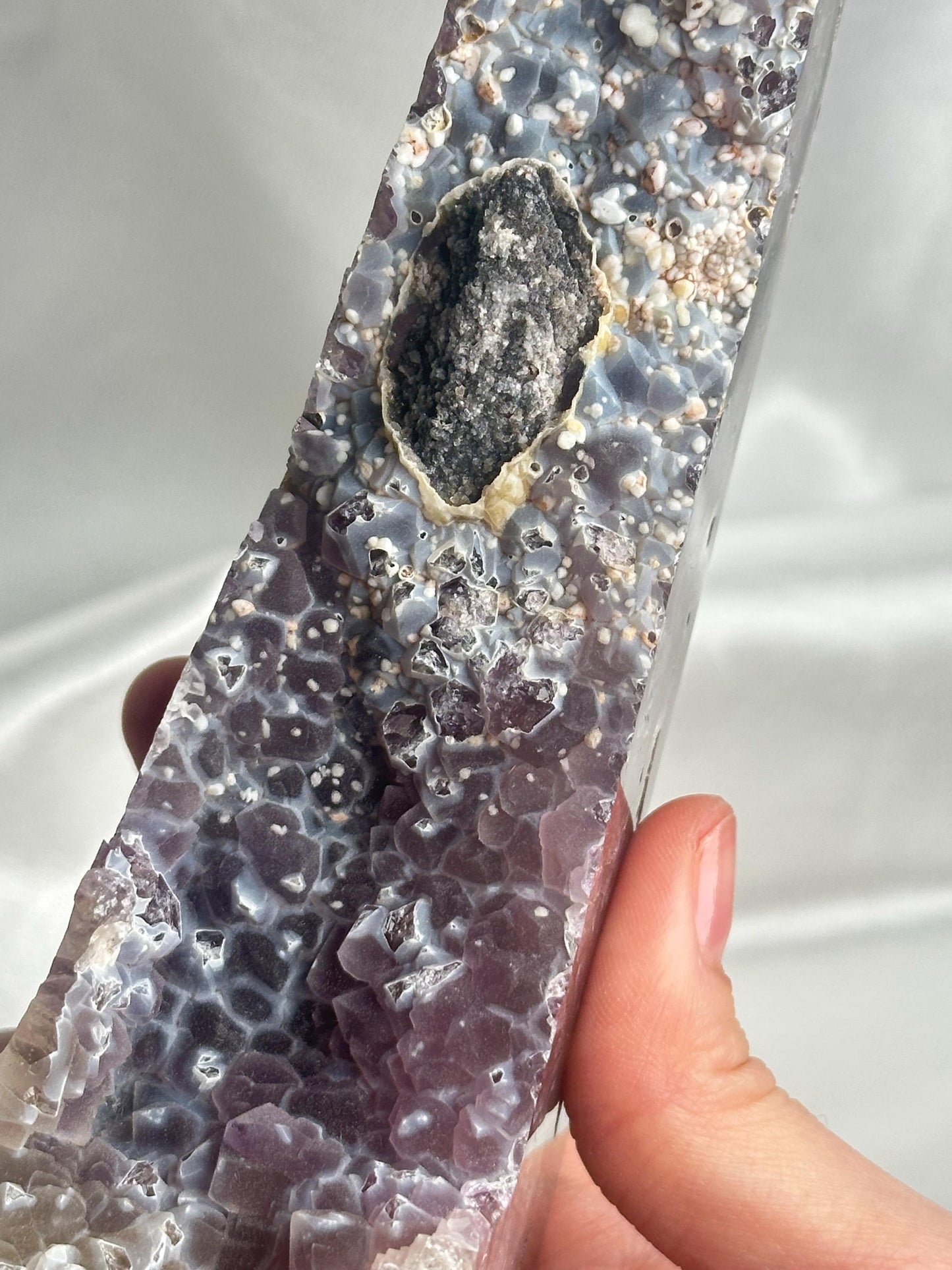 Agate Amethyst Tower with Blue Druzy & Dogtooth Calcite | Natural Crystal Point | Unique Purple Blue Mineral Decor Gift for Collectors