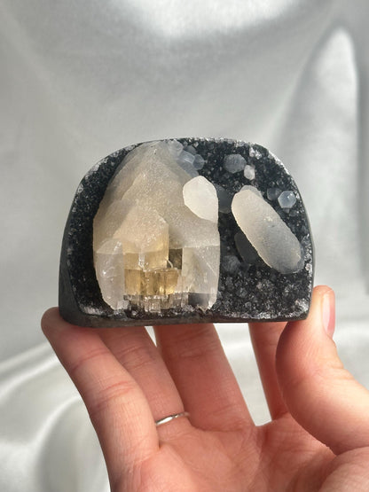 Black Amethyst Cut Base with Calcite Formations | Natural Dark Druzy Quartz Cluster | Unique Crystal Decor Gift for Collectors