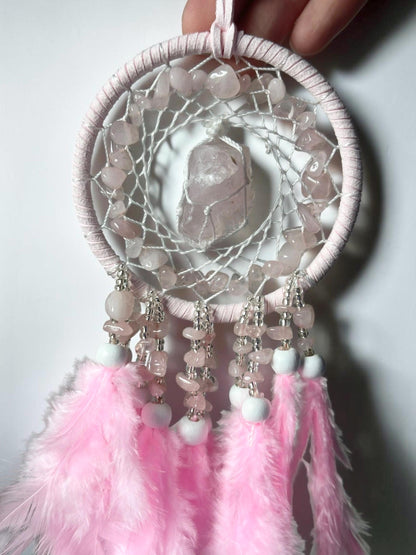 Rose Quartz Dream Catcher | Natural Pink Quartz Wall Hanging | Protective Boho Home Decor, Spiritual Gift & Nursery Decor