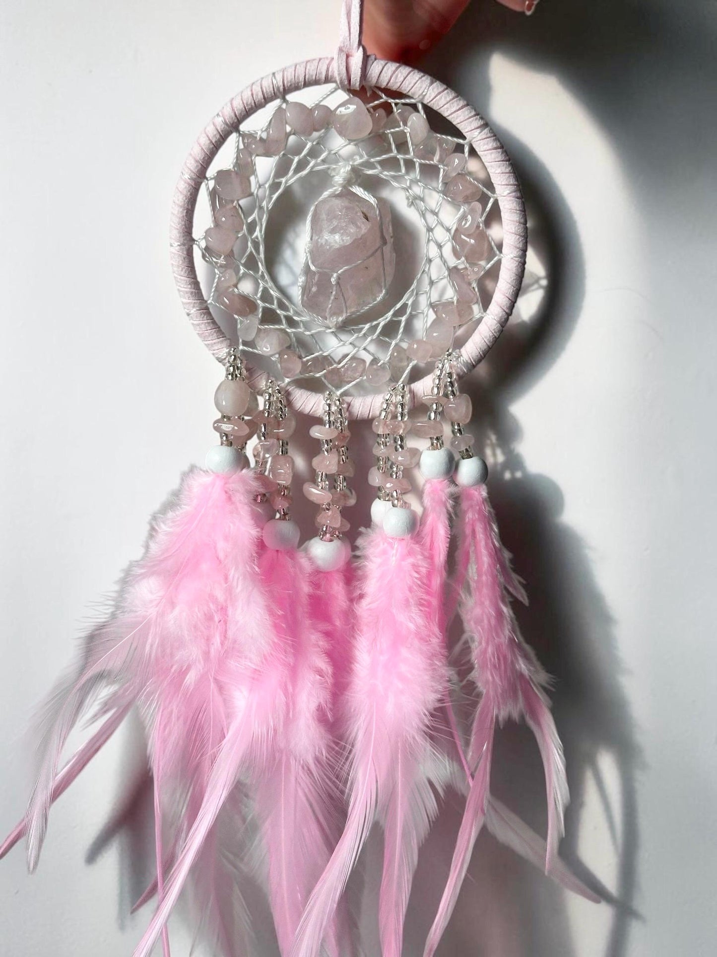 Rose Quartz Dream Catcher | Natural Pink Quartz Wall Hanging | Protective Boho Home Decor, Spiritual Gift & Nursery Decor