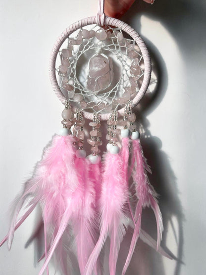 Rose Quartz Dream Catcher | Natural Pink Quartz Wall Hanging | Protective Boho Home Decor, Spiritual Gift & Nursery Decor