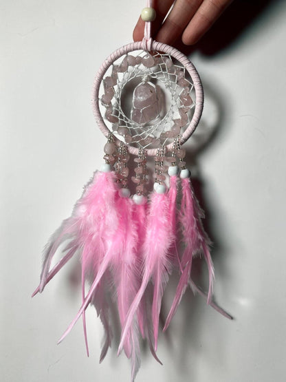 Rose Quartz Dream Catcher | Natural Pink Quartz Wall Hanging | Protective Boho Home Decor, Spiritual Gift & Nursery Decor