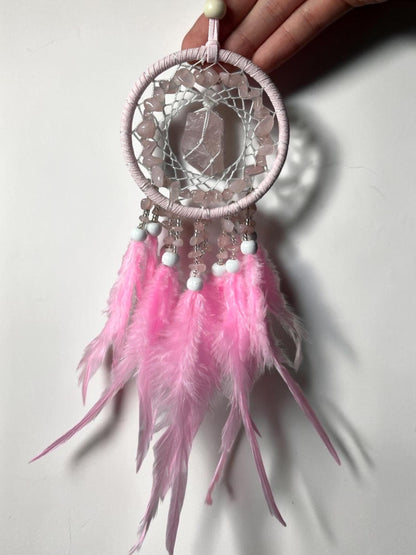 Rose Quartz Dream Catcher | Natural Pink Quartz Wall Hanging | Protective Boho Home Decor, Spiritual Gift & Nursery Decor