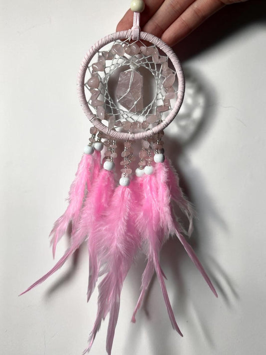 Rose Quartz Dream Catcher | Natural Pink Quartz Wall Hanging | Protective Boho Home Decor, Spiritual Gift & Nursery Decor