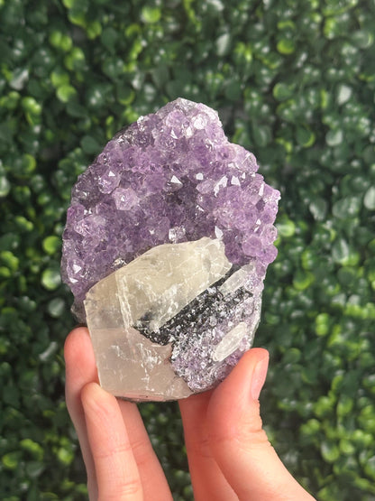 Amethyst with Calcite Specimen Goethite | Natural Purple Quartz Crystal Cluster | Sparkling Mineral Display Piece, Collector Gift Home Decor