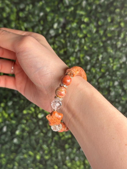 Half Bangle Fossilized Coral Bead Bracelet | Natural Coral Fossil Crystal Jewelry | Earthy Gemstone Bracelet Gift Everyday Wear Collectors