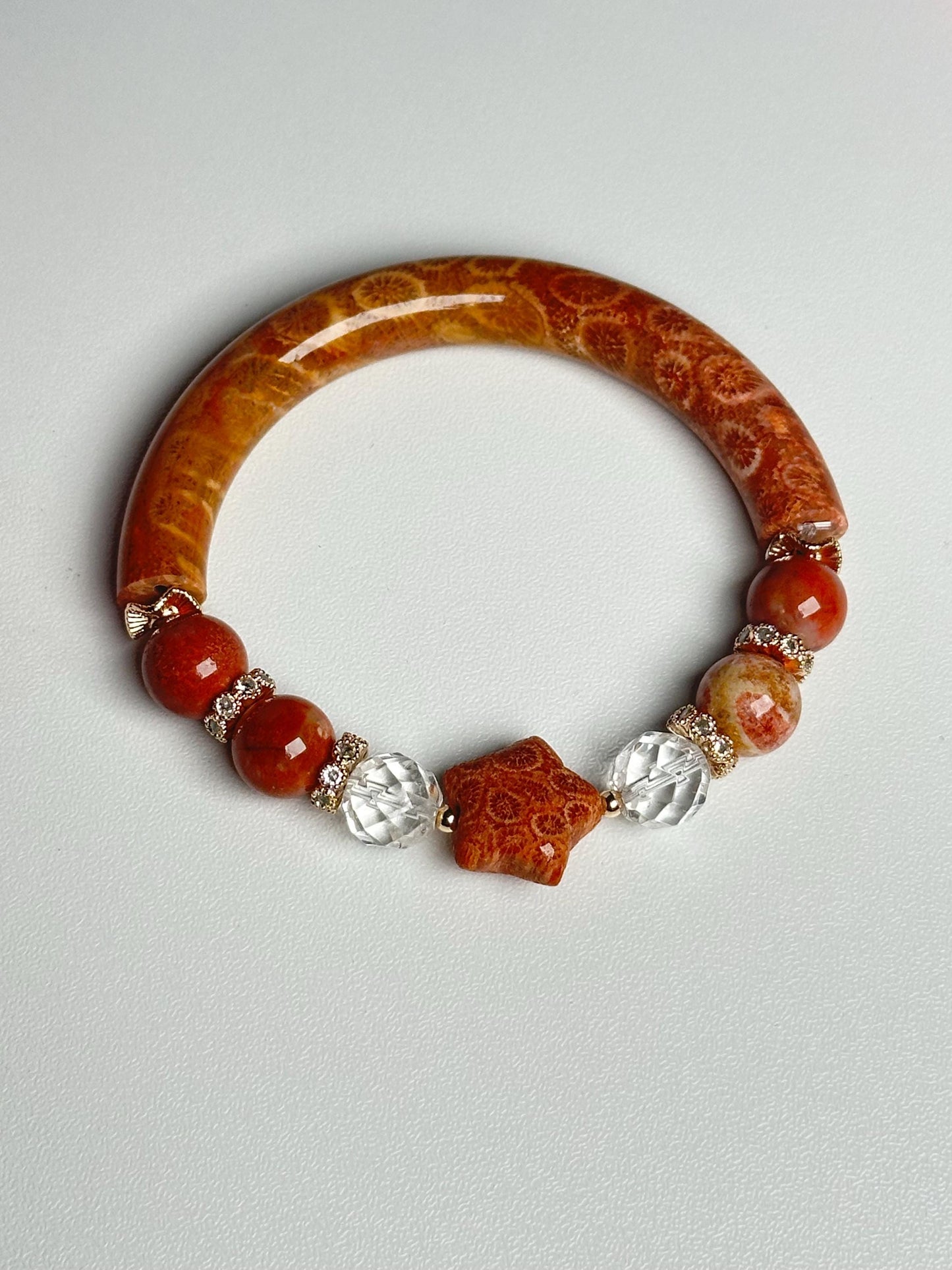 Half Bangle Fossilized Coral Bead Bracelet | Natural Coral Fossil Crystal Jewelry | Earthy Gemstone Bracelet Gift Everyday Wear Collectors